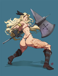 Rule 34 | 1girl, amazon (dragon&#039;s crown), armlet, armor, ass, axe, bikini armor, blonde hair, boots, circlet, dragon&#039;s crown, feathers, gloves, green eyes, halberd, highres, long hair, muscular, muscular female, polearm, qiqo, solo, tattoo, thick thighs, thighs, weapon