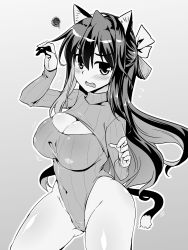 Rule 34 | 1girl, adapted costume, animal ears, blush, breasts, cat ears, cat tail, cleavage, cleavage cutout, clothing cutout, commentary request, covered navel, cowboy shot, fang, greyscale, hair ribbon, half updo, highleg, highleg leotard, highres, kantai collection, large breasts, leotard, long hair, long sleeves, monochrome, multicolored hair, naganami (kancolle), open mouth, paw pose, ribbon, solo, squiggle, tail, turtleneck, heattech leotard, two-tone hair, wavy hair, yoshi tama