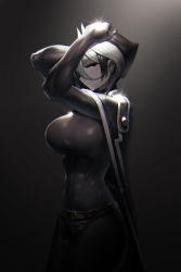 Rule 34 | 1girl, abs, arms up, belt, belt buckle, black background, black cape, black eyes, black gloves, black hair, black pants, breasts, buckle, cape, closed mouth, covered navel, cowboy shot, elbow gloves, glint, gloves, gradient background, half-closed eyes, hands on own head, harau, highres, large breasts, made in abyss, multicolored hair, ozen, pants, shirt, short hair, skin tight, smile, solo, taut clothes, taut shirt, two-tone hair, white hair