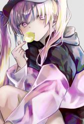 Rule 34 | 1girl, blonde hair, blowing bubbles, chewing gum, finger heart, from side, grey background, hair over shoulder, hand up, hat, highres, hood, hood down, hoodie, long hair, long sleeves, looking at viewer, multicolored hair, nail polish, original, pink eyes, pink hair, pink hoodie, pink nails, salmonpig, simple background, solo, squatting, streaked hair, twintails, two-tone hair