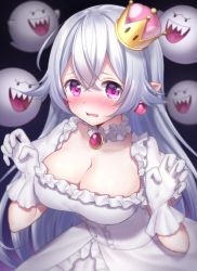 Rule 34 | 1girl, 4others, blush, boo (mario), breasts, cleavage, crown, dress, frilled dress, frilled gloves, frills, gloves, hio (hiohio0306), large breasts, long hair, luigi&#039;s mansion, mario (series), mini crown, multiple others, nintendo, open mouth, pointy ears, princess king boo, purple eyes, silver hair, solo, super crown, tears, white dress, white gloves