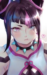 Rule 34 | 1girl, black hair, blue eyes, blush, collar, commentary request, diagonal bangs, drill hair, eyelashes, full body, hair horns, han juri, heart, heterochromia, highres, looking at viewer, medium hair, multicolored hair, o tami tami x, pink eyes, pink hair, pout, solo, spiked collar, spikes, streaked hair, street fighter, street fighter 6, twin drills, white background