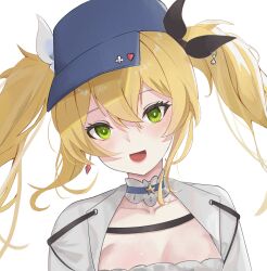 Rule 34 | 1girl, absurdres, blonde hair, blue hat, breasts, choker, cleavage, collarbone, commentary, dokibird (vtuber), earrings, english commentary, eyelashes, frilled choker, frills, green eyes, hair between eyes, hat, highres, indie virtual youtuber, jacket, jewelry, light blush, long hair, looking at viewer, medium breasts, open clothes, open jacket, open mouth, portrait, smile, solo, twintails, virtual youtuber, white background, zeroalka