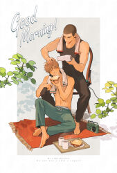 Rule 34 | 2boys, adam parrish, black hair, black tank top, blonde hair, bread, bread slice, breakfast, buzz cut, catbishonen, chewing, closed eyes, coffee, couple, drying, drying hair, eating, english text, food, full body, good morning, hair dryer, highres, holding, holding hair dryer, male focus, multiple boys, on floor, plant, radio, ronan lynch, short hair, sitting, tank top, the raven cycle, toast, toned, toned male, topless male, towel, towel around neck, very short hair, yaoi