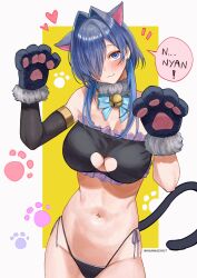 Rule 34 | 1girl, :3, absurdres, animal ears, animal hands, bell, black bra, black gloves, black panties, blue hair, bra, breasts, cat cutout, cat ears, cat lingerie, cat tail, cleavage cutout, clothing cutout, commentary, dangle earrings, dark blue hair, earrings, elbow gloves, english commentary, english text, frilled bra, frills, fur collar, gloves, hair over one eye, highleg, highleg panties, highres, hololive, hololive english, jewelry, large breasts, meme attire, multicolored hair, nannachu7, navel, neck bell, ouro kronii, paid reward available, panties, paw gloves, paw pose, paw print, paw print background, side-tie panties, solo, speech bubble, tail, two-tone background, two-tone hair, underwear, virtual youtuber, white background, yellow background