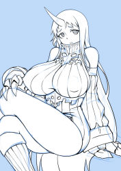 Rule 34 | 10s, 1girl, abyssal ship, bare shoulders, breasts, claws, covered erect nipples, crossed legs, detached sleeves, dress, horns, huge breasts, kantai collection, kneehighs, long hair, pas (paxiti), ribbed dress, seaport princess, short dress, single horn, sitting, sketch, socks, solo, thighs, very long hair
