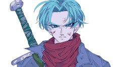 Rule 34 | 10s, 1boy, bad id, bad pixiv id, blue eyes, blue hair, close-up, dirty, dirty clothes, dirty face, dragon ball, dragon ball super, dragonball z, eyelashes, jacket, looking at viewer, male focus, multicolored eyes, neckerchief, onkywi, orange eyes, red neckerchief, serious, short hair, simple background, solo, sword, trunks (dragon ball), trunks (future) (dragon ball), upper body, weapon, white background