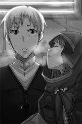 Rule 34 | 1boy, 1girl, ayakura juu, beard, cape, couple, craft lawrence, closed eyes, facial hair, greyscale, holo, hood, hooded, indoors, monochrome, novel illustration, official art, parted lips, spice and wolf, upper body, waiting for kiss