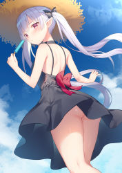 Rule 34 | 1girl, alexmaster, ass, back, bare arms, bare legs, bare shoulders, black dress, blue sky, blush, bow, cloud, commentary request, day, dress, food, from behind, hat, holding, kneepits, long hair, looking at viewer, looking back, original, outdoors, paid reward available, pointy ears, popsicle, red eyes, ribbon, silver hair, sky, sleeveless, sleeveless dress, solo, straw hat, sweat, thighs, twintails, wind