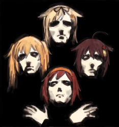 Rule 34 | 4girls, album cover redraw, bad id, bad twitter id, black background, blonde hair, bohemian rhapsody, brown hair, commentary request, crossed arms, derivative work, hair ornament, hair tie, hairband, kantai collection, multiple girls, murasame (kancolle), orange hair, parody, queen (band), red hair, shigure (kancolle), shiratsuyu (kancolle), twintails, umakuchi shouyu, yuudachi (kancolle)