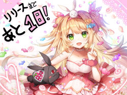 Rule 34 | 1girl, apple caramel, bare arms, blonde hair, breasts, candy, choker, collarbone, commentary request, countdown, dress, food, green eyes, hair between eyes, hair ribbon, hairband, halterneck, heart, highres, index finger raised, long hair, looking at viewer, medium breasts, official art, original, pointy ears, red dress, ribbon, sidelocks, solo, two side up