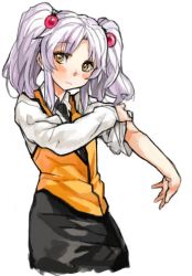 Rule 34 | 1girl, black skirt, blush, frown, hair bobbles, hair ornament, hoshino ruri, kidou senkan nadesico, light purple hair, long sleeves, looking at another, necktie, sachito, short hair, simple background, skirt, solo, twintails, vest, white background, yellow eyes