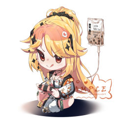 Rule 34 | 1girl, black choker, blonde hair, brown eyes, brown footwear, bubble tea, chibi, chinese commentary, choker, commission, controller, hanyaka, holding, holding controller, intravenous drip, jacket, jewelry, licking lips, necklace, nijisanji, nox (vtuber), nox official, ponytail, sample watermark, shoes, sitting, sneakers, solo, tongue, tongue out, tube socks, v-shaped eyebrows, virtual youtuber, virtuareal, watermark, white jacket