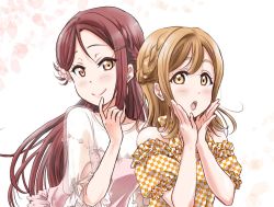 Rule 34 | 2girls, :o, alternate hairstyle, braid, brown eyes, brown hair, cherry blossoms, finger to mouth, flower, frilled sleeves, frills, hair flower, hair ornament, hairpin, half updo, halterneck, hands on own cheeks, hands on own face, kunikida hanamaru, looking at viewer, love live!, love live! sunshine!!, multiple girls, petals, red hair, rippe, sakurauchi riko, see-through, see-through sleeves, smile, transparent sleeves, upper body