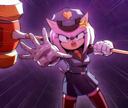 Rule 34 | 1girl, amy rose, anger vein, blue jacket, breasts, brown thighhighs, commentary request, empty eyes, fang, furrowed brow, furry, furry female, gloves, hammer, hat, hedgehog ears, hedgehog tail, highres, holding, holding hammer, hoodedmask, jacket, medium breasts, miniskirt, pink hair, police, police hat, police uniform, policewoman, serious, skirt, solo, sonic (series), thighhighs, uniform, white gloves