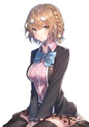 Rule 34 | 1girl, between legs, black jacket, black thighhighs, blazer, blue bow, blue bowtie, bow, bowtie, braid, brown eyes, brown hair, brown skirt, dress shirt, french braid, hair between eyes, hakuishi aoi, hand between legs, jacket, koiwai yoshino, loafers, looking at viewer, masamune-kun no revenge, miniskirt, open clothes, open jacket, parted lips, pink shirt, pleated skirt, school uniform, shirt, shoes, short hair, simple background, sitting, skirt, solo, striped, striped bow, thighhighs, wariza, white background