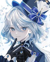 Rule 34 | 1girl, ahoge, air bubble, ascot, black ascot, black gloves, blue brooch, blue eyes, blue hair, blue hat, blue jacket, bubble, closed mouth, furina (genshin impact), genshin impact, gloves, hair between eyes, hat, highres, jacket, light blue hair, long hair, looking at viewer, smile, solo, sosaku 25, top hat, upper body, water