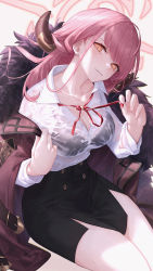 Rule 34 | 1girl, aru (blue archive), black bra, black skirt, blue archive, bra, breasts, cleavage, demon horns, fur trim, highres, horns, jacket, large breasts, long hair, looking at viewer, neck ribbon, open clothes, open jacket, orange eyes, parted lips, pencil skirt, pink hair, red ribbon, ribbon, see-through, see-through shirt, shirt, sitting, skirt, solo, underwear, wet, wet clothes, wet shirt, whitem (whiteemperor2020)