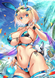 Rule 34 | 1girl, bikini, blonde hair, blue eyes, blue nails, blue sky, breasts, closed mouth, cloud, day, fingernails, goggles, goggles on head, hair between eyes, highres, large breasts, looking at viewer, micro bikini, nail polish, navel, ocean, original, outdoors, partially submerged, petals, short hair, side-tie bikini bottom, sky, smile, solo, sophia f shirring, swimsuit, takamine nadare, underboob, wet