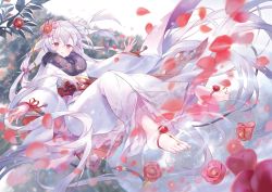 Rule 34 | 1girl, absurdly long hair, blush, day, floral print, flower, full body, hair flower, hair ornament, ibara riato, japanese clothes, jewelry, kimono, long hair, obi, original, outdoors, petals, purple eyes, red flower, ripples, sash, silver hair, sky, solo, toe ring, toes, very long hair, white kimono, white sky, wide sleeves