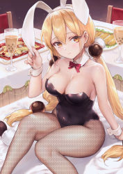 Rule 34 | 1girl, animal ears, bare shoulders, blonde hair, bow, bowtie, breasts, cleavage, collarbone, detached collar, fake animal ears, fishnet pantyhose, fishnets, haoni, highres, leotard, long hair, looking at viewer, low twintails, medium breasts, pantyhose, playboy bunny, rabbit ears, red bow, red bowtie, sitting, solo, twintails, you can eat the girl