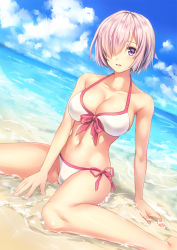Rule 34 | adapted costume, barefoot, beach, bikini, blush, breasts, cleavage, day, fate/grand order, fate (series), hair over one eye, highres, mash kyrielight, mash kyrielight (swimsuit of perpetual summer), matthew kyrielite, official alternate costume, outdoors, pink eyes, pink hair, short hair, side-tie bikini bottom, sitting, skindentation, sky, smile, solo, summer, swimsuit, white bikini
