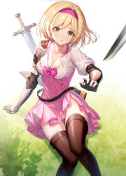Rule 34 | 1girl, arm support, blonde hair, bow, breasts, brown eyes, brown thighhighs, cleavage, collarbone, commentary request, djeeta (granblue fantasy), dress, feet out of frame, frilled shirt collar, frills, gauntlets, granblue fantasy, granblue fantasy versus, grass, highres, looking at viewer, medium breasts, on grass, parted lips, pink bow, pink dress, puffy short sleeves, puffy sleeves, resolution mismatch, ririko (zhuoyandesailaer), sheath, shirt, short sleeves, sitting, solo, source smaller, sword, thighhighs, weapon, white shirt