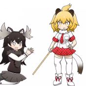 Rule 34 | 2girls, :d, animal ear fluff, animal ears, animated, antlers, black hair, blonde hair, boots, checkered clothes, checkered neckwear, checkered skirt, commentary, epilepsy warning, fur collar, hand on own hip, holding, horns, kemono friends, lion (kemono friends), lion ears, lion tail, long hair, looping animation, medium hair, moose (kemono friends), moose ears, multiple girls, necktie, open mouth, pleated skirt, short sleeves, skirt, smile, stick, swinging, tail, taro (tontaro), thighhighs, v-shaped eyebrows, video, white footwear, white legwear, yellow eyes