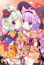 Rule 34 | 2girls, ;p, ahoge, alternate costume, animal ears, animal hands, bare shoulders, bell, black choker, black gloves, black hat, blue eyes, blush, bow, breasts, candy, candy wrapper, cat ears, cat girl, cat tail, cheek-to-cheek, choker, closed mouth, collarbone, commentary request, dress, food, gloves, green hair, hair between eyes, halloween bucket, hand up, hat, heads together, heart, holding, holding candy, holding food, holding lollipop, jack-o&#039;-lantern, jingle bell, kemonomimi mode, komeiji koishi, komeiji satori, lollipop, mini hat, mini top hat, multiple girls, neck bell, one eye closed, orange bow, orange dress, parted lips, paw gloves, purple eyes, purple hair, red bow, rikatan, short hair, siblings, sisters, small breasts, smile, strapless, strapless dress, striped clothes, striped legwear, striped thighhighs, swirl lollipop, tail, thighhighs, third eye, tongue, tongue out, top hat, touhou, two side up, unmoving pattern, witch hat