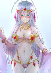 Rule 34 | 1girl, antenna hair, arkfield, armlet, bare shoulders, bead necklace, beads, blush, bracelet, breasts, circlet, closed mouth, cowboy shot, dancer, green eyes, hair between eyes, high school dxd, jewelry, long hair, looking at viewer, medium breasts, navel, necklace, o-ring, o-ring top, rossweisse, solo, stomach, sweat, very long hair, wavy mouth