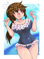 Rule 34 | 1girl, blue sky, blush, border, breasts, brown hair, covered navel, day, embarrassed, female focus, flying sweatdrops, frilled one-piece swimsuit, frills, hair over eyes, large breasts, one-piece swimsuit, open mouth, original, outside border, ponytail, sky, solo, splashing, swimsuit, thighs, vu (oyavun), water, wet, white border