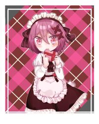 Rule 34 | 1girl, apron, blush, bow, bowtie, brown bow, brown bowtie, candy, chocolate, chocolate heart, covering own mouth, food, frills, glass ameba, hair ornament, hair ribbon, heart, highres, holding, holding chocolate, holding food, juliet sleeves, long sleeves, maid, maid apron, maid headdress, ookurikara (tenka hyakken), open mouth, puffy sleeves, raised eyebrows, red eyes, red hair, ribbon, short hair, sleeve cuffs, solo, tenka hyakken, x hair ornament