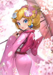 Rule 34 | 1girl, alternate costume, blonde hair, blue eyes, bow, cherry blossoms, commentary request, cowboy shot, earrings, flower, from behind, gonzarez, hair flower, hair ornament, highres, japanese clothes, jewelry, kimono, large bow, long sleeves, looking at viewer, looking back, mario (series), medium hair, nintendo, oil-paper umbrella, pink bow, pink flower, pink kimono, princess peach, solo, sphere earrings, umbrella, white flower, wide sleeves