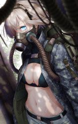 Rule 34 | 1girl, backpack, bag, belt, bikini, bikini top only, blue eyes, blurry, breasts, camouflage, camouflage jacket, chain-link fence, cleavage, cleavage cutout, clothing cutout, covered mouth, day, depth of field, dutch angle, fence, fishnets, gas mask, hair over one eye, highres, jacket, kalua, light particles, looking at viewer, mask, medium breasts, midriff, navel, one eye covered, open clothes, open jacket, original, short hair, silver hair, solo, swimsuit, tube, upper body