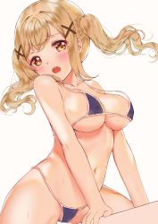Rule 34 | 1girl, :o, areola slip, bang dream!, bare arms, bare shoulders, bikini, blue background, blue bikini, blush, breasts, brown eyes, brown hair, c8oyk, collarbone, commentary, hair ornament, head tilt, ichigaya arisa, long hair, medium breasts, navel, open mouth, revision, sidelocks, simple background, solo, swimsuit, twintails, x hair ornament