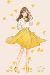 Rule 34 | 1girl, :o, absurdres, autumn leaves, bare legs, brown eyes, brown hair, dated, falling leaves, full body, ginkgo leaf, grey background, hand up, high heels, highres, jacket, leaf, long hair, long sleeves, medium skirt, neck ribbon, original, parted lips, ribbon, sako (35s 00), signature, simple background, skirt, solo, standing, white jacket, yellow footwear, yellow ribbon, yellow skirt