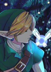 Rule 34 | 1boy, absurdres, belt, blonde hair, brown belt, closed mouth, earrings, fairy, fairy wings, green headwear, green tunic, highres, jewelry, link, long sleeves, male focus, mi9clous, multicolored background, navi, nintendo, pointy ears, shirt, short hair, the legend of zelda, the legend of zelda: ocarina of time, white shirt, wings