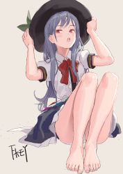Rule 34 | 1girl, artist name, ass, bare legs, barefoot, beige background, black hat, blouse, blue hair, blush, bow, bowtie, center frills, chinese commentary, commentary request, feet, fkey, frills, full body, grey skirt, hands on headwear, hands up, hat, highres, hinanawi tenshi, knees up, leaf, looking at viewer, open mouth, panties, pantyshot, petticoat, puffy short sleeves, puffy sleeves, red bow, red bowtie, red eyes, shirt, short sleeves, signature, simple background, sitting, skirt, solo, thighs, touhou, underwear, white panties, white shirt, wing collar