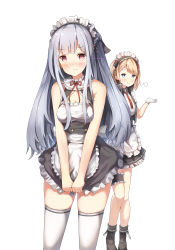 Rule 34 | 2girls, absurdres, ak-12 (girls&#039; frontline), alternate costume, apron, artificial eye, bare arms, bare shoulders, black dress, black footwear, blue eyes, blush, boots, braid, breasts, cleavage, closed mouth, commentary, dress, dress tug, english commentary, enmaided, frilled apron, frills, g36 (girls&#039; frontline), girls&#039; frontline, gloves, highres, light brown hair, long hair, looking at viewer, maid, maid headdress, mechanical eye, medium breasts, multiple girls, red eyes, silver hair, simple background, sleeveless, sleeveless dress, smile, sob (submar1089), standing, thighhighs, v arms, very long hair, waist apron, white apron, white background, white gloves, white legwear