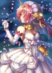 Rule 34 | 1girl, breasts, bridal veil, cleavage, dress, elbow gloves, fate/apocrypha, fate (series), flower, frankenstein&#039;s monster (fate), gloves, hair flower, hair ornament, hair over one eye, horns, kelinch1, looking to the side, medium breasts, petals, pink hair, see-through, see-through cleavage, short hair, single horn, solo, twitter username, veil, wedding dress, white dress, white gloves, yellow eyes