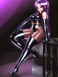 Rule 34 | 1boy, 1girl, boots, breasts, cage, dominatrix, elbow gloves, enkaboots, femdom, gloves, high heel boots, high heels, latex, leather, original, pantyhose, purple eyes, purple hair, thigh boots, thighhighs
