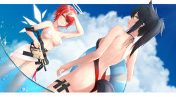 Rule 34 | 2girls, air bubble, arknights, arm up, ass, bare arms, bare shoulders, bikini, black hair, blue sky, bubble, cloud, day, dutch angle, exusiai (arknights), grin, gun, halo, highres, holding, holding gun, holding weapon, kriss vector, long hair, looking at viewer, multiple girls, nankaichimu, outdoors, ponytail, red hair, sarong, short hair, sky, smile, stomach, submachine gun, swimsuit, tail, texas (arknights), thigh strap, thighs, wading, water, weapon, white bikini, wolf tail, yellow eyes