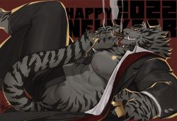 Rule 34 | 1boy, 2022, abs, animal ears, bara, bare pectorals, barefoot, black pants, chinese zodiac, cigar, colored sclera, from side, furry, furry male, gomtang, grey fur, happy new year, japanese clothes, kimono, large pectorals, male focus, mature male, muscular, muscular male, new year, nipple piercing, nipples, open clothes, open kimono, open pants, original, pants, pectorals, piercing, smoke, solo, stomach, tail, thick thighs, thighs, tiger boy, tiger ears, tiger tail, year of the tiger, yellow sclera