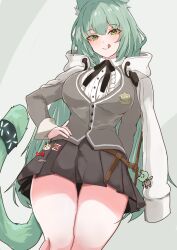 Rule 34 | 1girl, absurdres, animal ears, arknights, breasts, cardigan, cat ears, cat tail, green eyes, green hair, grey cardigan, hand on own hip, harmonie (arknights), highres, large breasts, lemon (citrono lemon), licking lips, long hair, pleated skirt, skirt, tail, tongue, tongue out