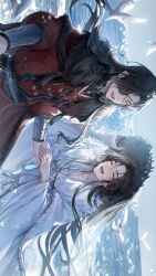 Rule 34 | 2boys, absurdres, bandaged neck, bandages, bishounen, black hair, brown hair, butterfly necklace, day, eyepatch, fur trim, hat, highres, hua cheng, long hair, long sleeves, looking at another, male focus, multiple boys, ocean, parted bangs, red hanfu, smile, string around finger, sun hat, tassel, tianguan cifu, veil, very long hair, white hanfu, wide sleeves, xie lian, yaoi, young57440489