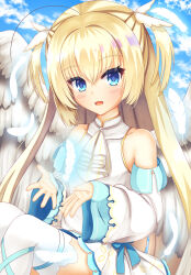 Rule 34 | 1girl, :d, angel, angel wings, ascot, bare shoulders, blonde hair, blue eyes, blue ribbon, blue sky, blush, breasts, cloud, commentary request, crossed bangs, day, detached sleeves, eyelashes, eyes visible through hair, feathered wings, feathers, glowing feather, hair between eyes, half updo, hands up, highres, knees up, leg ribbon, long hair, long sleeves, looking at viewer, miniskirt, open hands, open mouth, pleated skirt, plumtea an, quad tails, ribbon, shirayuki noa, sidelocks, sitting, skirt, sky, small breasts, smile, solo, tenshi souzou re-boot!, thighhighs, two side up, very long hair, white ascot, white feathers, white skirt, white sleeves, wide sleeves, wing hair ornament, wings, zettai ryouiki