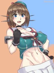 Rule 34 | 10s, 1girl, abs, bare shoulders, black gloves, blue background, blue eyes, blush, breasts, brown hair, choker, covered erect nipples, gloves, hair ornament, hairclip, hand on own hip, hat, kantai collection, large breasts, looking at viewer, maya (kancolle), maya kai ni (kancolle), midriff, mizuumi (bb), navel, open mouth, orange background, pleated skirt, school uniform, serafuku, short hair, skirt, sleeveless, smile, solo, teeth, toned, twitter username, two-tone background, white skirt, x hair ornament
