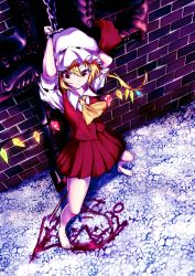Rule 34 | 1girl, ascot, barefoot, blonde hair, blood, blood writing, blood on feet, bow, brick wall, chain, chained, chained wrists, chain, cross, drawing, artistic error, flandre scarlet, from above, hat, hat bow, highres, legs, light, long hair, looking down, mob cap, pebble, perspective, pleated skirt, ponytail, red skirt, red vest, ribbon-trimmed sleeves, ribbon trim, sakushou, short hair, short sleeves, side ponytail, skirt, solo, stone floor, toenails, touhou, vest, wings