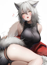 Rule 34 | 1girl, absurdres, animal ears, arknights, bare shoulders, black shirt, breasts, commentary request, hair between eyes, highres, jacket, large breasts, open mouth, projekt red (arknights), red jacket, shirt, short hair, simple background, sleeveless, sleeveless shirt, solo, tab head, tail, white background, wolf ears, wolf girl, wolf tail, yellow eyes