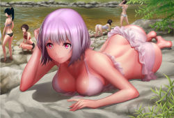 Rule 34 | 10s, 5girls, all fours, ass, back, bare legs, bare shoulders, barefoot, bikini, black hair, breasts, character request, cleavage, closed eyes, closed mouth, commentary request, day, frilled bikini, frills, front-tie top, gridman universe, grin, kyodairobo, large breasts, light purple hair, long hair, lying, multiple girls, on stomach, one-piece swimsuit, outdoors, ponytail, red eyes, river, riverbank, shinjou akane, short hair, side-tie bikini bottom, smile, solo focus, squatting, ssss.gridman, standing, swimsuit, takarada rikka, white bikini